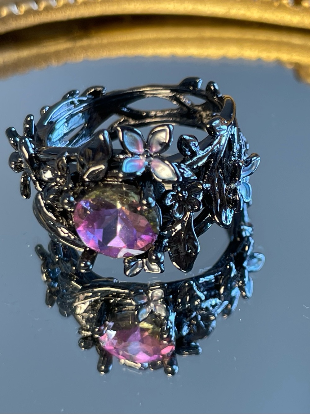 Black Floral Ring with Purple Center and Blue Flower Accents Size 7 - Picture 2 of 2